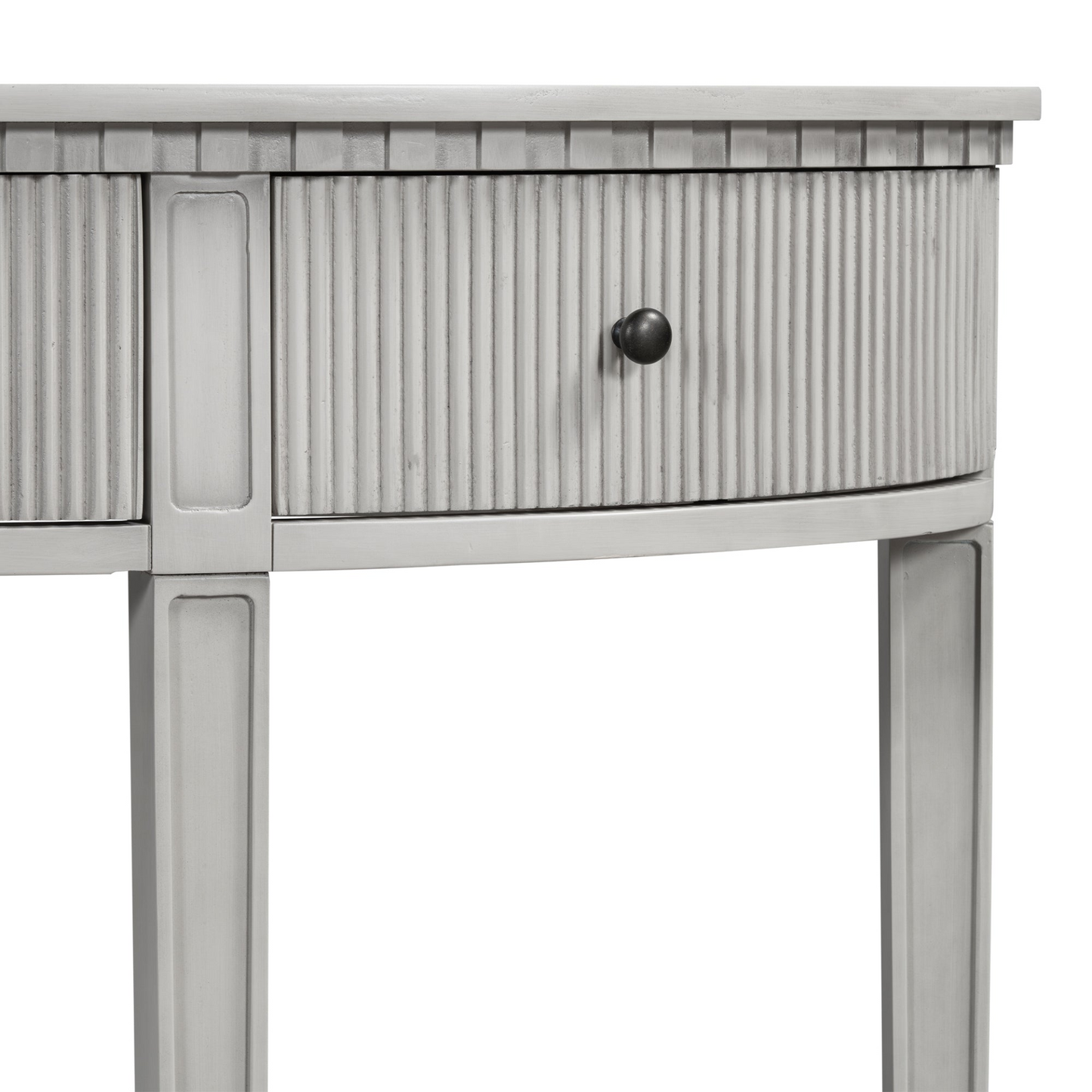 Distinctive Features of Pine Veneer Console Table with Vertical Stripe Drawer Fronts and Four Legs