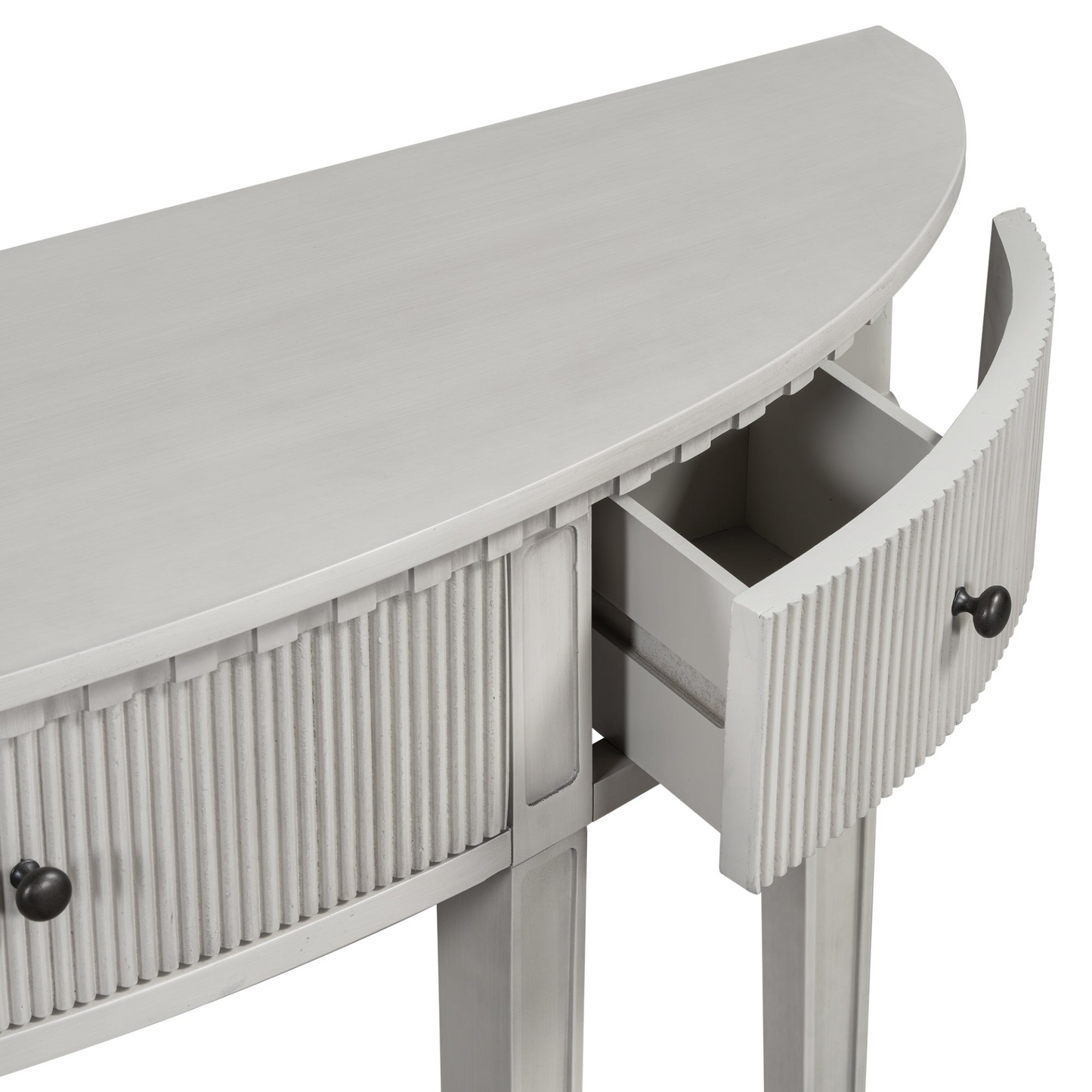 Distinctive Features of Pine Veneer Console Table with Vertical Stripe Drawer Fronts and Four Legs
