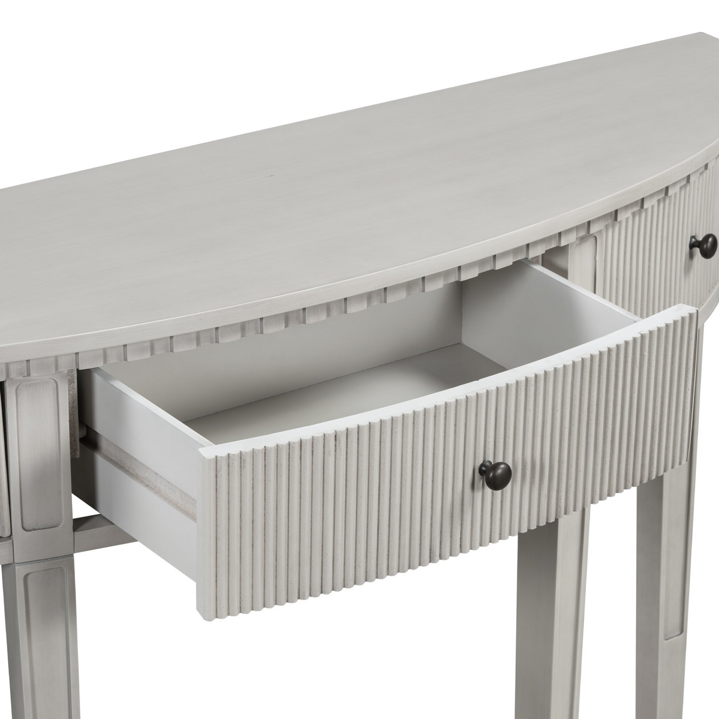 Distinctive Features of Pine Veneer Console Table with Vertical Stripe Drawer Fronts and Four Legs