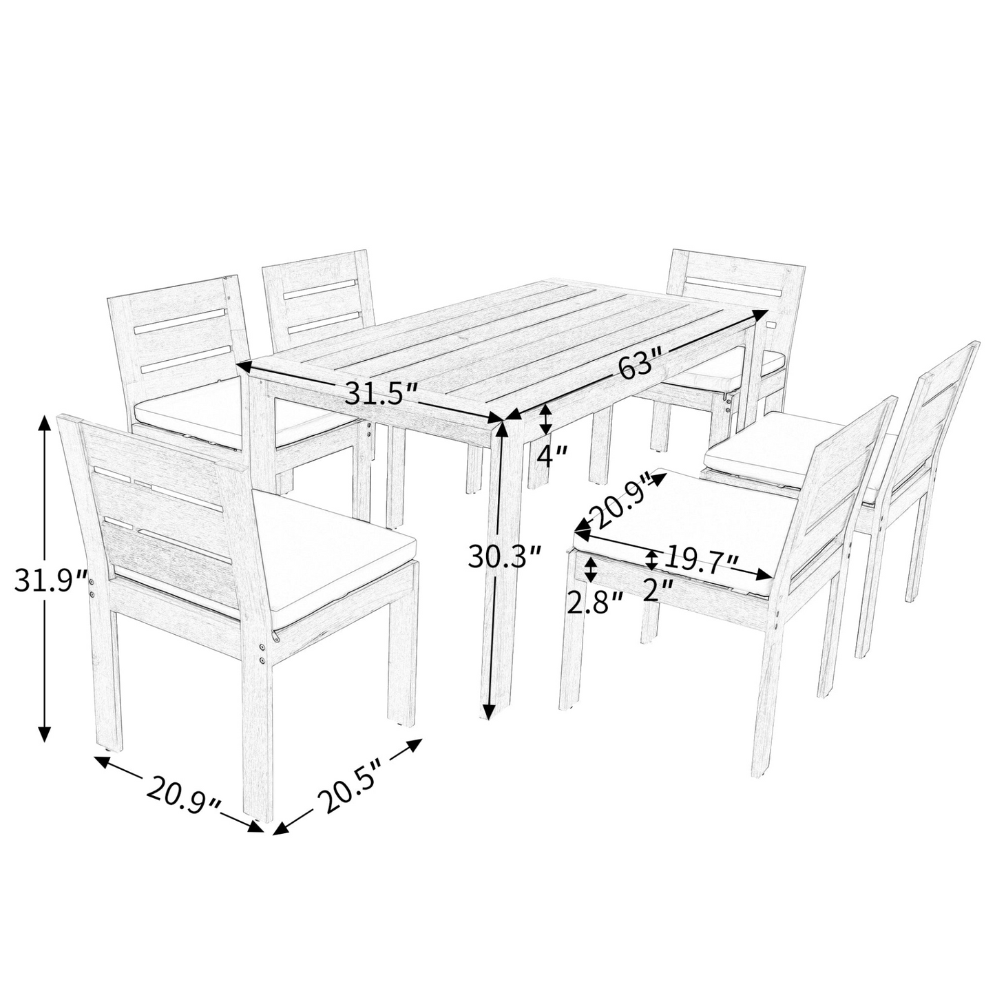 7 Piece Acacia Wood Outdoor Dining Set, Suitable for Patio, Balcony, Backyard