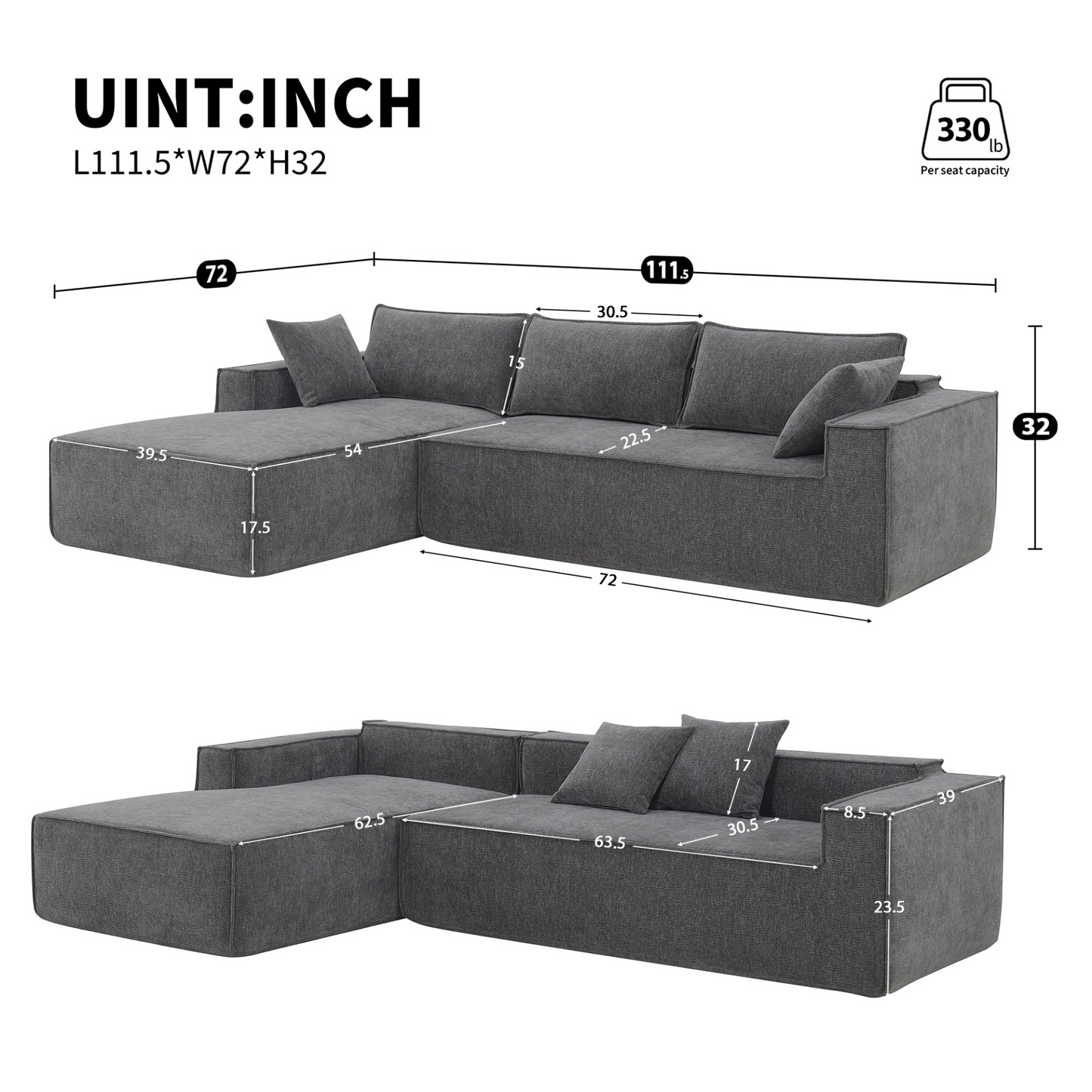 111.5*72"Minimalist Style Modular Sectional Sofa,Wrinkle-resistant Chenille Couch Set,L-Shaped Sleeper Sofa Bed for Living Room,2 PIC Free Combination,No Assembly Require,3 Colors