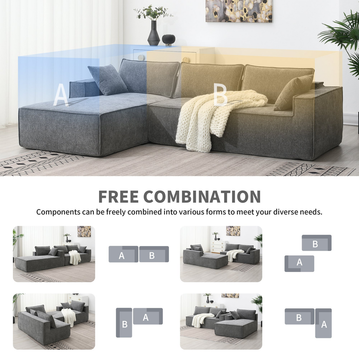 111.5*72"Minimalist Style Modular Sectional Sofa,Wrinkle-resistant Chenille Couch Set,L-Shaped Sleeper Sofa Bed for Living Room,2 PIC Free Combination,No Assembly Require,3 Colors