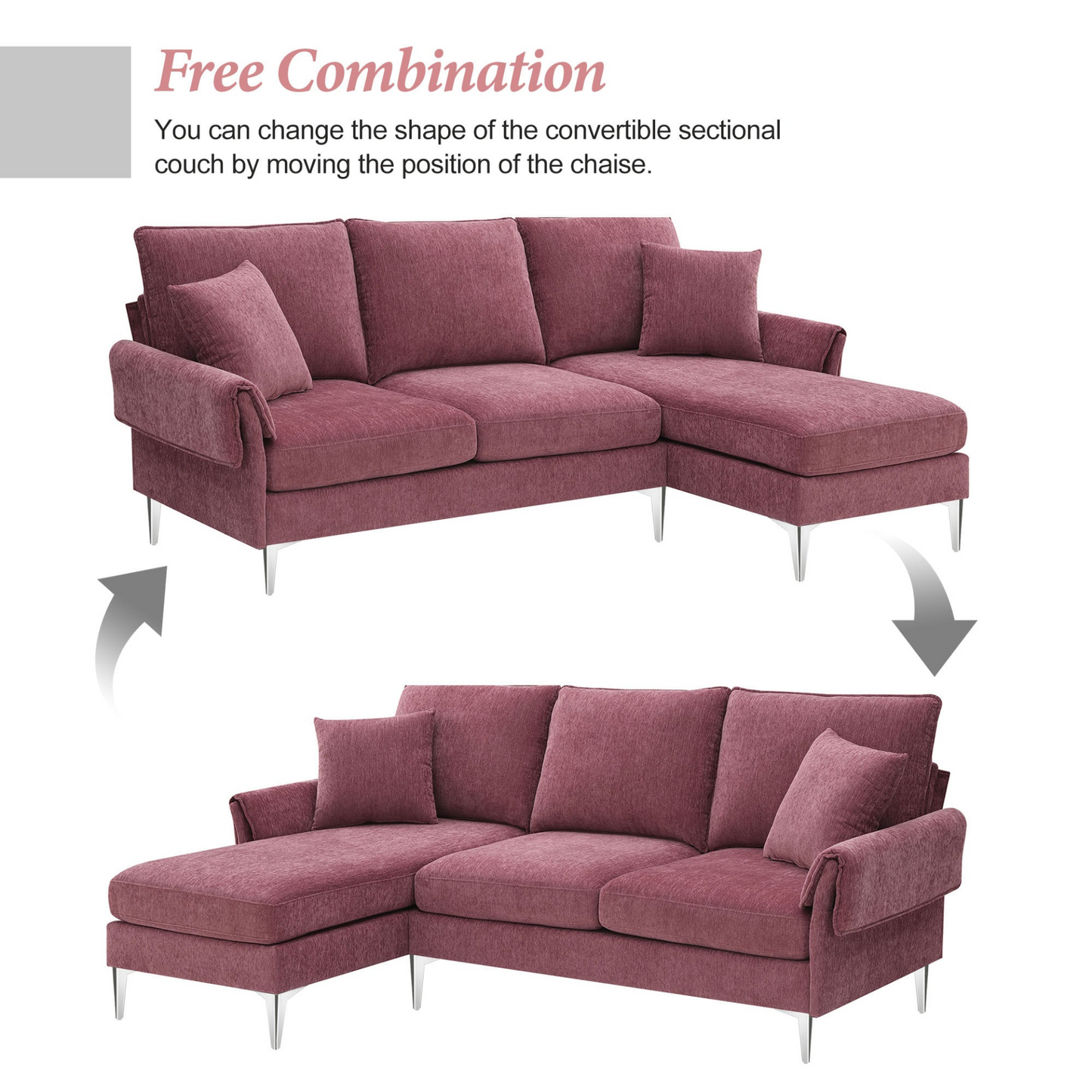 84 "Modern Chenille L-Shaped Sofa with Reversible Lounge,Convertible Sectional Couch Set,4 Seat Indoor Furniture with Reversible Chaise,Fit for Living Room, Apartment(2 Pillows)