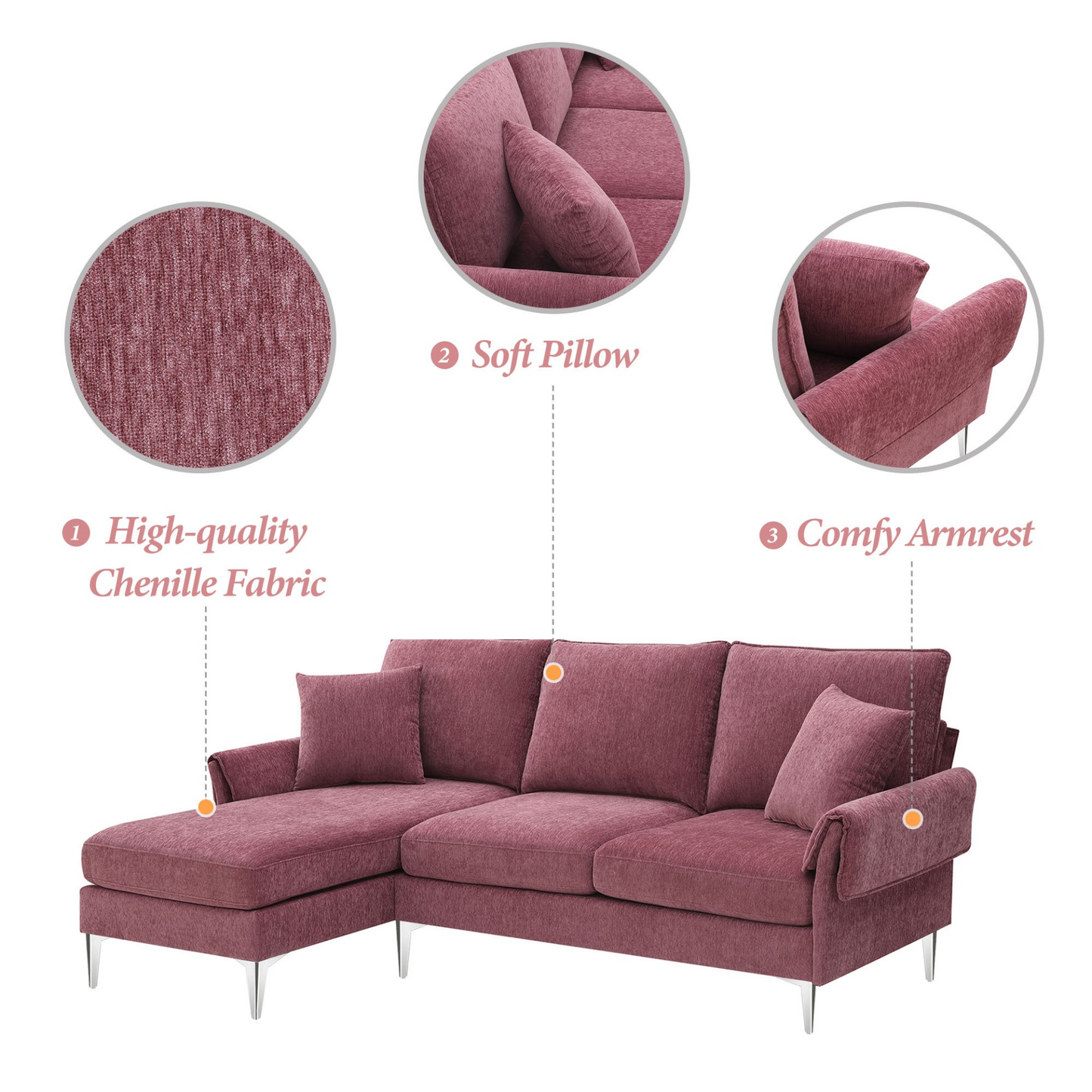 84 "Modern Chenille L-Shaped Sofa with Reversible Lounge,Convertible Sectional Couch Set,4 Seat Indoor Furniture with Reversible Chaise,Fit for Living Room, Apartment(2 Pillows)
