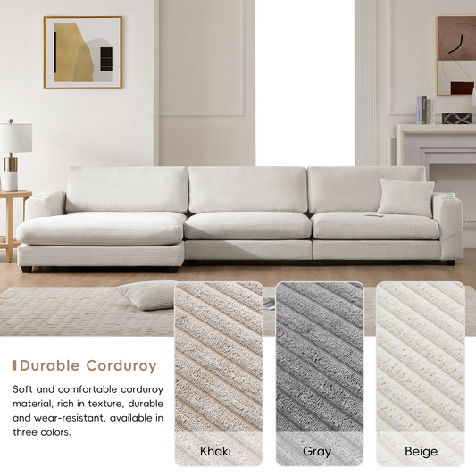 134*54"Oversized Corduroy Sectional Sofa,L Shaped Cloud Couch with USB Charging Port,Cup Holder,Deep Seat Sofa Bed with 50" Chaise,Comfy Indoor Furniture for Living Room,3 Colors