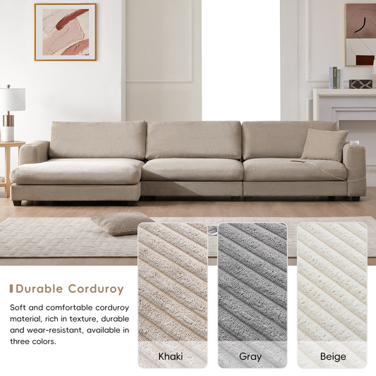 134*54"Oversized Corduroy Sectional Sofa,L Shaped Cloud Couch with USB Charging Port,Cup Holder,Deep Seat Sofa Bed with 50" Chaise,Comfy Indoor Furniture for Living Room,3 Colors