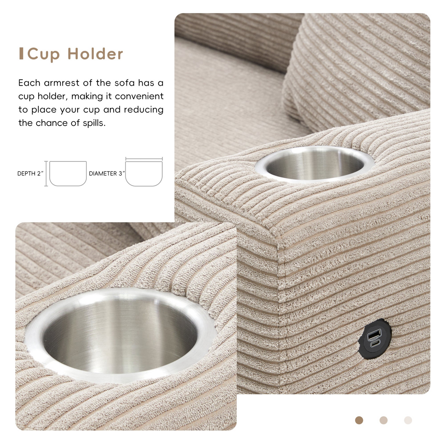 134*54"Oversized Corduroy Sectional Sofa,L Shaped Cloud Couch with USB Charging Port,Cup Holder,Deep Seat Sofa Bed with 50" Chaise,Comfy Indoor Furniture for Living Room,3 Colors