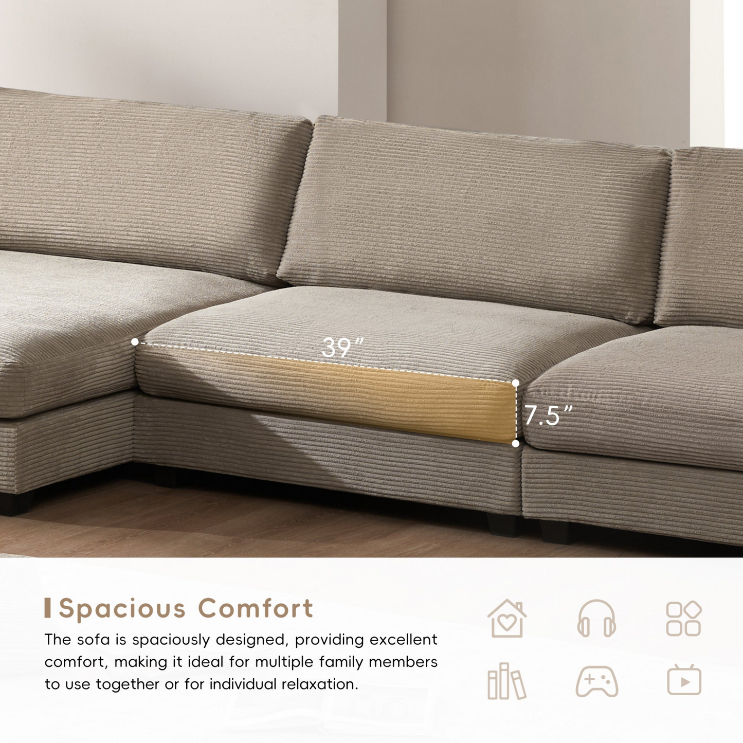 134*54"Oversized Corduroy Sectional Sofa,L Shaped Cloud Couch with USB Charging Port,Cup Holder,Deep Seat Sofa Bed with 50" Chaise,Comfy Indoor Furniture for Living Room,3 Colors