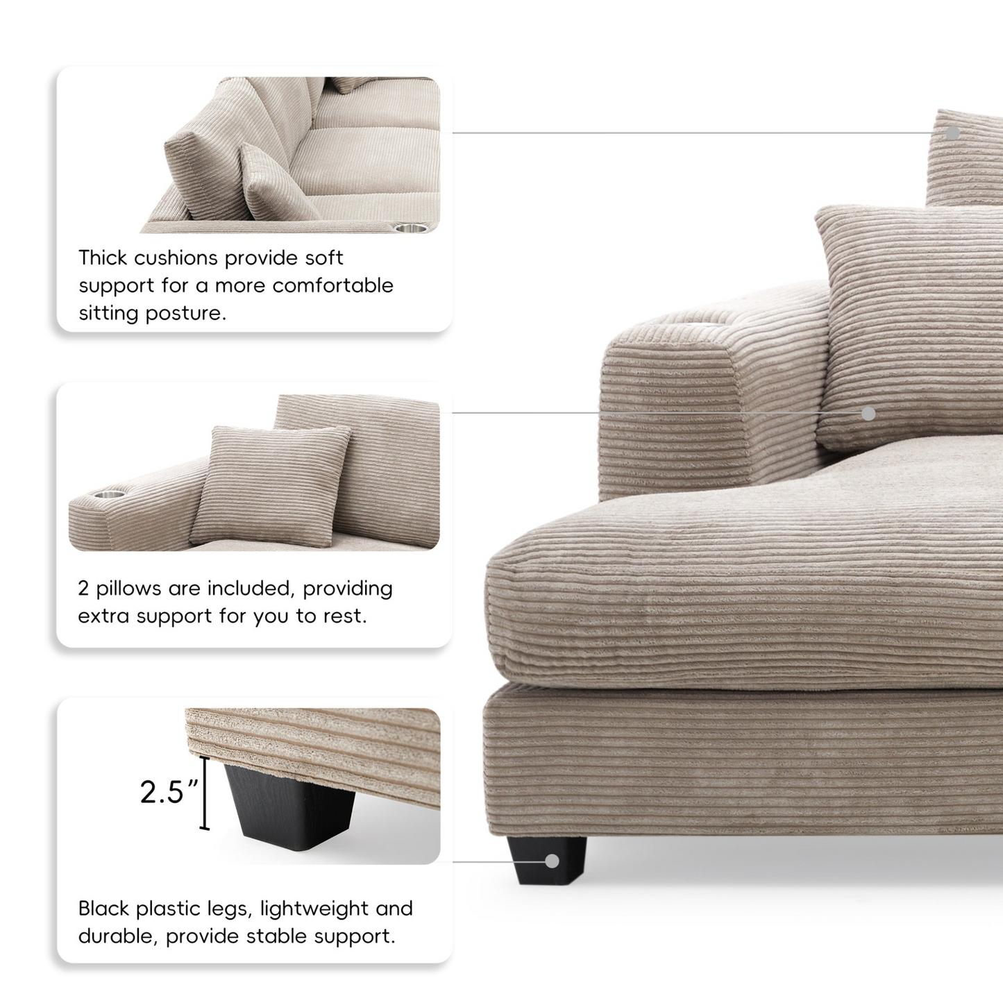 134*54"Oversized Corduroy Sectional Sofa,L Shaped Cloud Couch with USB Charging Port,Cup Holder,Deep Seat Sofa Bed with 50" Chaise,Comfy Indoor Furniture for Living Room,3 Colors