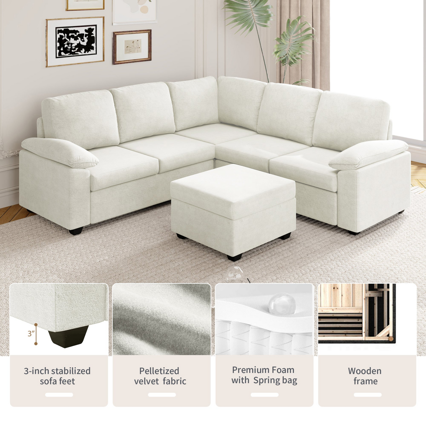 84*84" Modern Velvet Sectional Sofa Set,Large U Shaped Upholstered Corner Couch with Ottoman,Armrest Pillow,6 Seat Indoor Furniture for Living Room,Apartment,Office,2 Colors