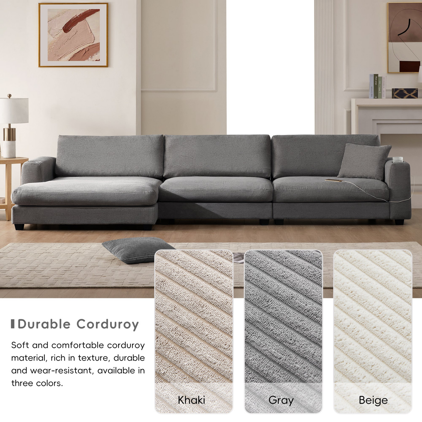 134*54"Oversized Corduroy Sectional Sofa,L Shaped Cloud Couch with USB Charging Port,Cup Holder,Deep Seat Sofa Bed with 50" Chaise,Comfy Indoor Furniture for Living Room,3 Colors