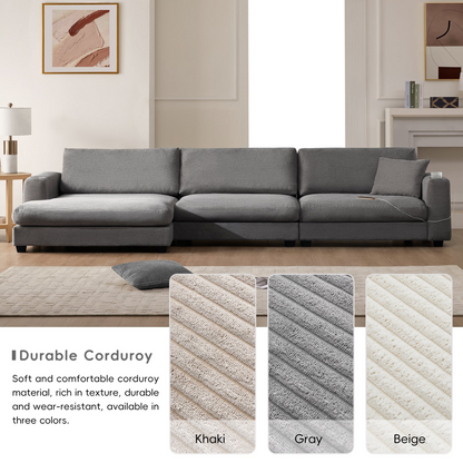 134*54"Oversized Corduroy Sectional Sofa,L Shaped Cloud Couch with USB Charging Port,Cup Holder,Deep Seat Sofa Bed with 50" Chaise,Comfy Indoor Furniture for Living Room,3 Colors