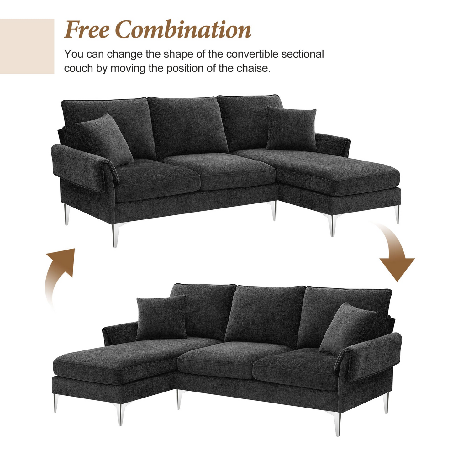 84 "Modern Chenille L-Shaped Sofa with Reversible Lounge,Convertible Sectional Couch Set,4 Seat Indoor Furniture with Reversible Chaise,Fit for Living Room, Apartment(2 Pillows)