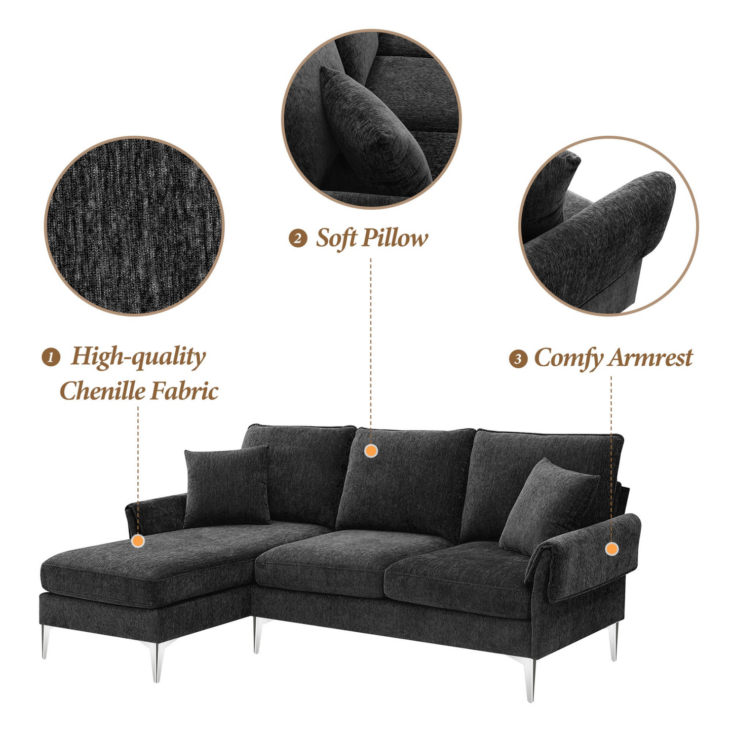84 "Modern Chenille L-Shaped Sofa with Reversible Lounge,Convertible Sectional Couch Set,4 Seat Indoor Furniture with Reversible Chaise,Fit for Living Room, Apartment(2 Pillows)