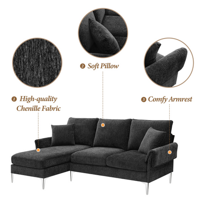 84 "Modern Chenille L-Shaped Sofa with Reversible Lounge,Convertible Sectional Couch Set,4 Seat Indoor Furniture with Reversible Chaise,Fit for Living Room, Apartment(2 Pillows)