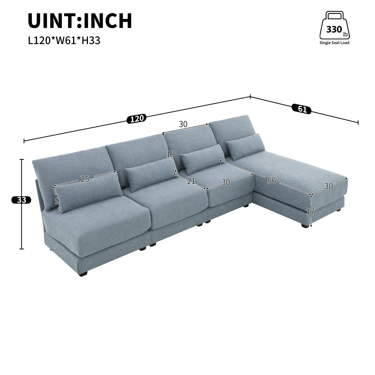 120*61" Oversized Deep Seat Sectional Sofa with Reversible Chaise,Loop Yarn Fabric 5-seat Armless Indoor Furniture,Convertible L-shaped Couch for Living Room,Apartment,3 Colors