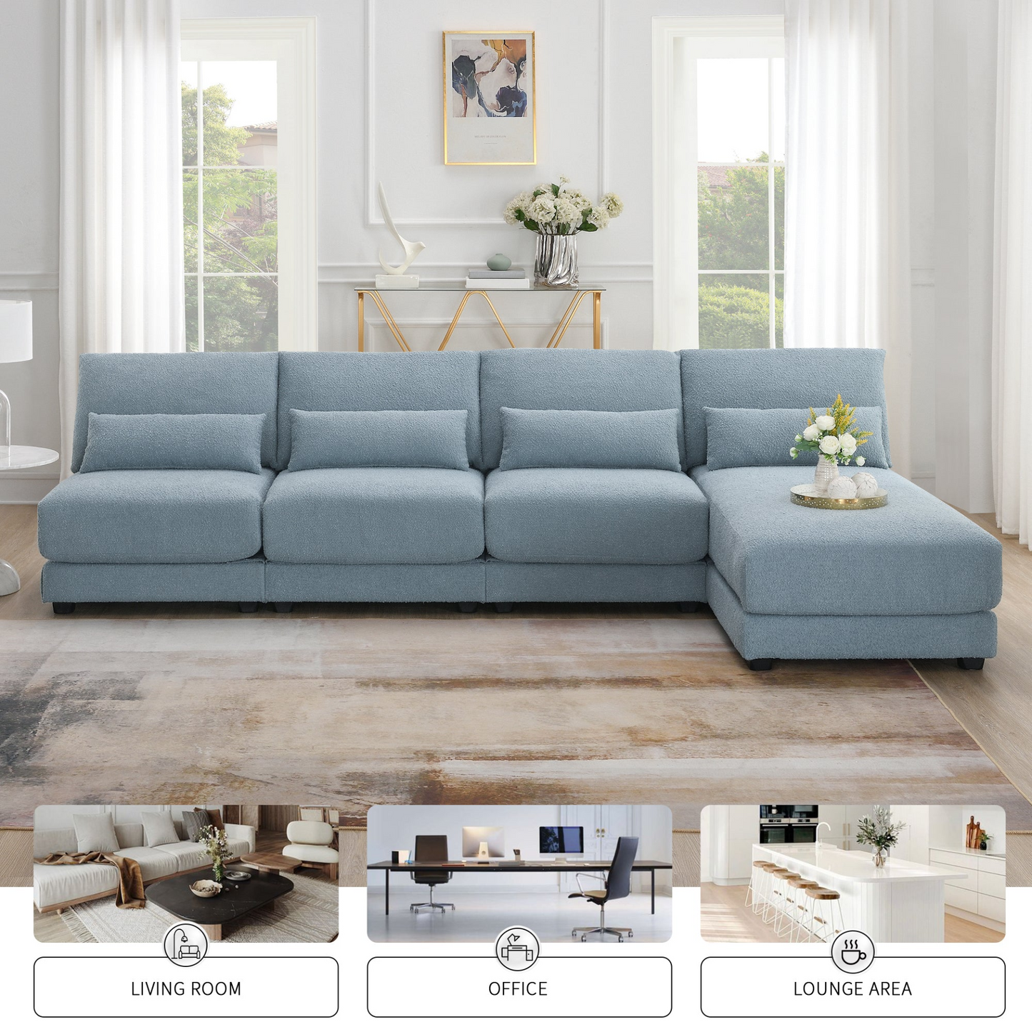 120*61" Oversized Deep Seat Sectional Sofa with Reversible Chaise,Loop Yarn Fabric 5-seat Armless Indoor Furniture,Convertible L-shaped Couch for Living Room,Apartment,3 Colors