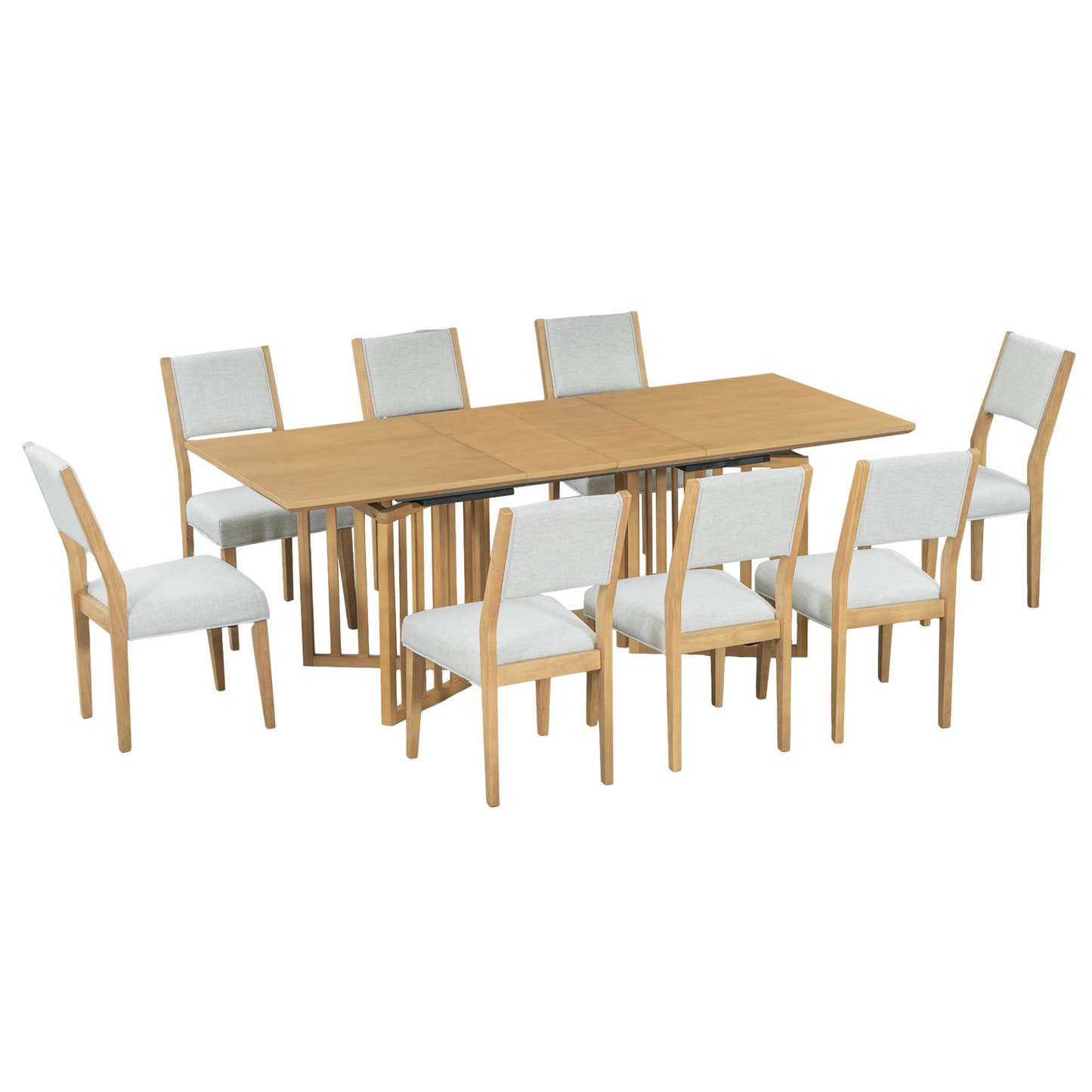 Farmhouse 9-Piece 83.9inch Extendable Dining Table Set with 2 12-inch Removable Leaves and 8 Upholstered Dining Chairs, Natural