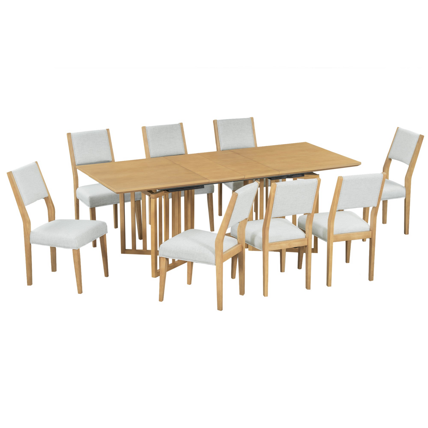Farmhouse 9-Piece 83.9inch Extendable Dining Table Set with 2 12-inch Removable Leaves and 8 Upholstered Dining Chairs, Natural