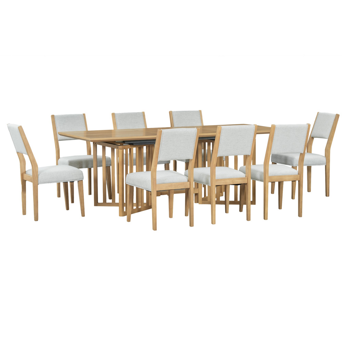 Farmhouse 9-Piece 83.9inch Extendable Dining Table Set with 2 12-inch Removable Leaves and 8 Upholstered Dining Chairs, Natural