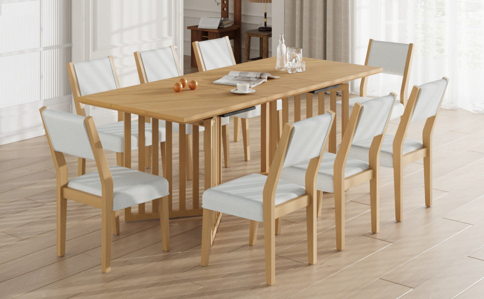 Farmhouse 9-Piece 83.9inch Extendable Dining Table Set with 2 12-inch Removable Leaves and 8 Upholstered Dining Chairs, Natural