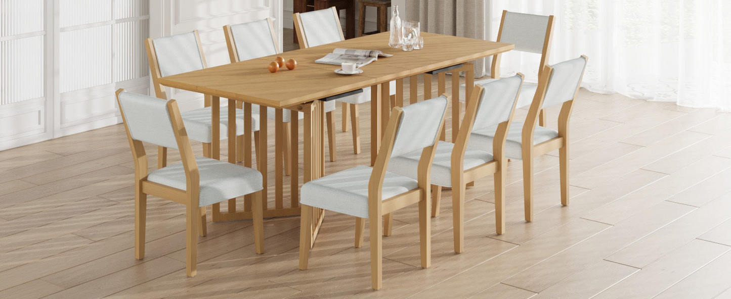 Farmhouse 9-Piece 83.9inch Extendable Dining Table Set with 2 12-inch Removable Leaves and 8 Upholstered Dining Chairs, Natural