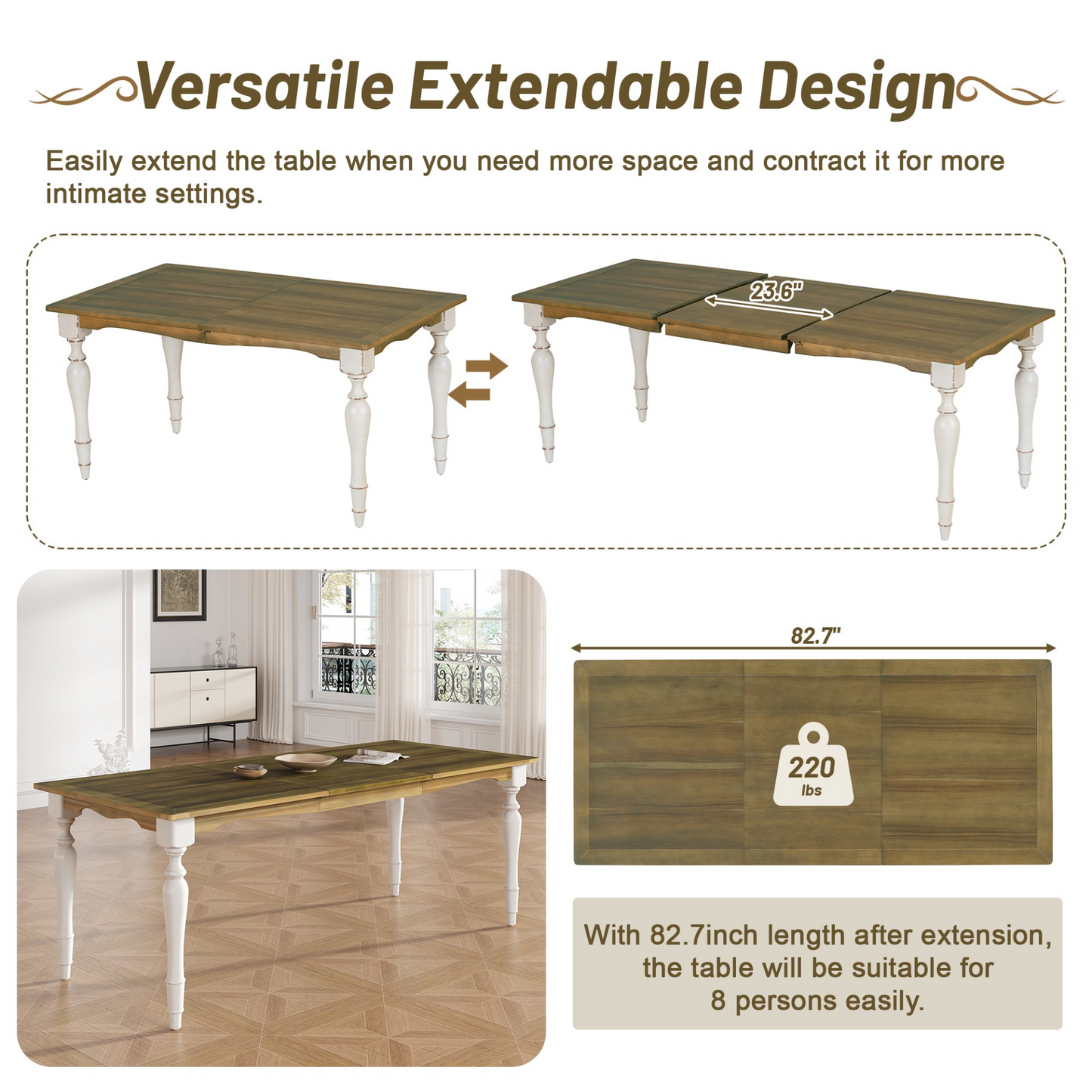 Vintage Traditional 6-Piece 82.7inch Extendable Dining Table Set with 23.6inch Removable Leaf, 50.4inch Upholstered Dining Bench and 4 Chairs for 6, Brown+Cream