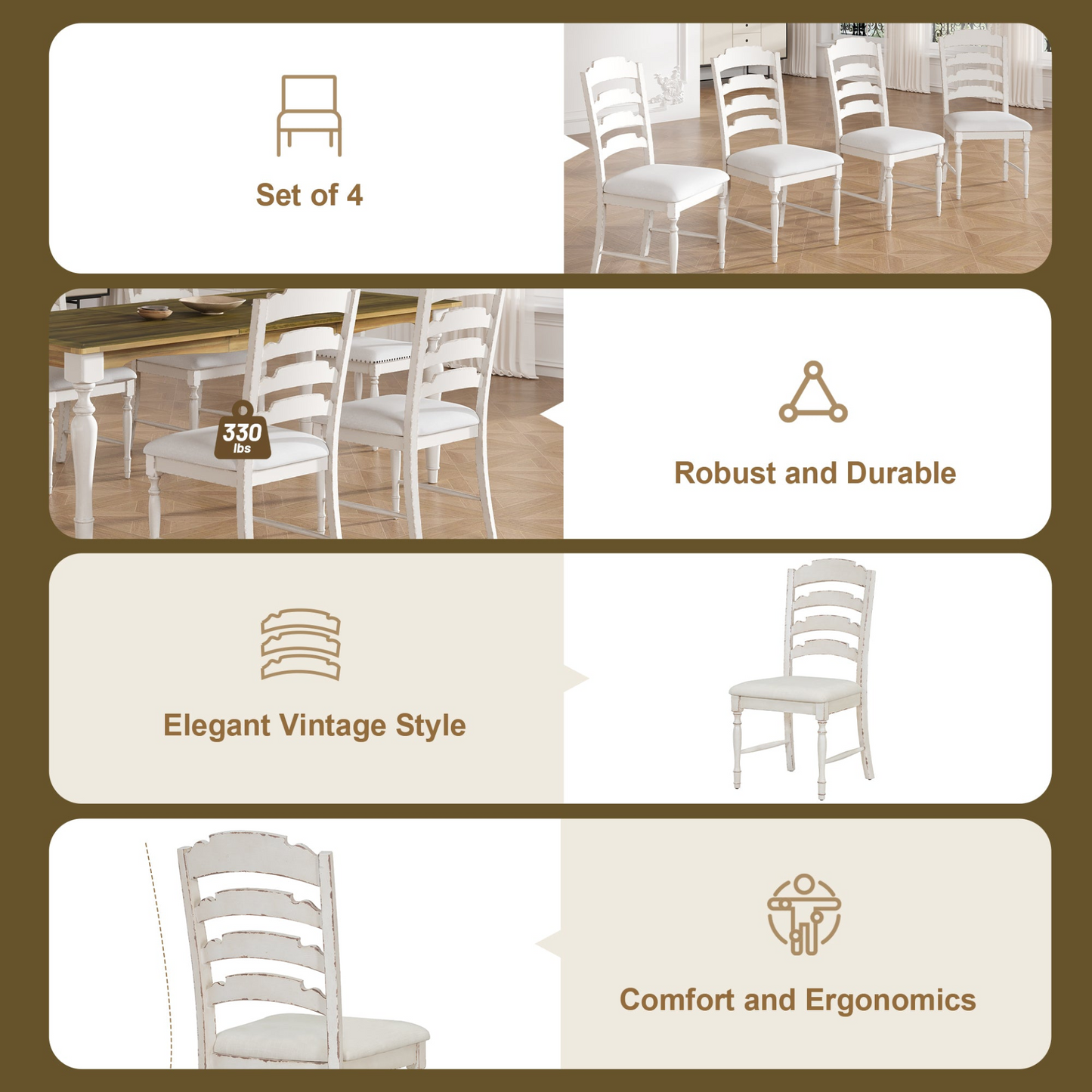 Vintage Traditional 6-Piece 82.7inch Extendable Dining Table Set with 23.6inch Removable Leaf, 50.4inch Upholstered Dining Bench and 4 Chairs for 6, Brown+Cream