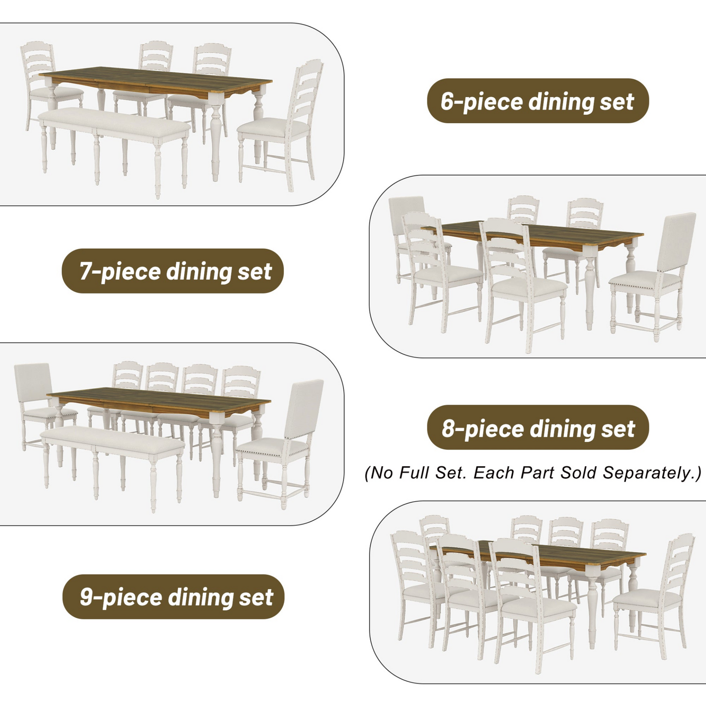 Vintage Traditional 6-Piece 82.7inch Extendable Dining Table Set with 23.6inch Removable Leaf, 50.4inch Upholstered Dining Bench and 4 Chairs for 6, Brown+Cream