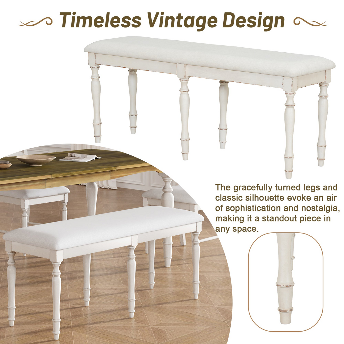Vintage Traditional 6-Piece 82.7inch Extendable Dining Table Set with 23.6inch Removable Leaf, 50.4inch Upholstered Dining Bench and 4 Chairs for 6, Brown+Cream