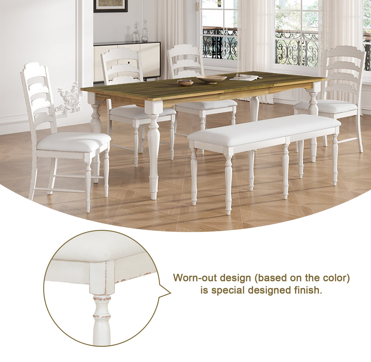 Vintage Traditional 6-Piece 82.7inch Extendable Dining Table Set with 23.6inch Removable Leaf, 50.4inch Upholstered Dining Bench and 4 Chairs for 6, Brown+Cream