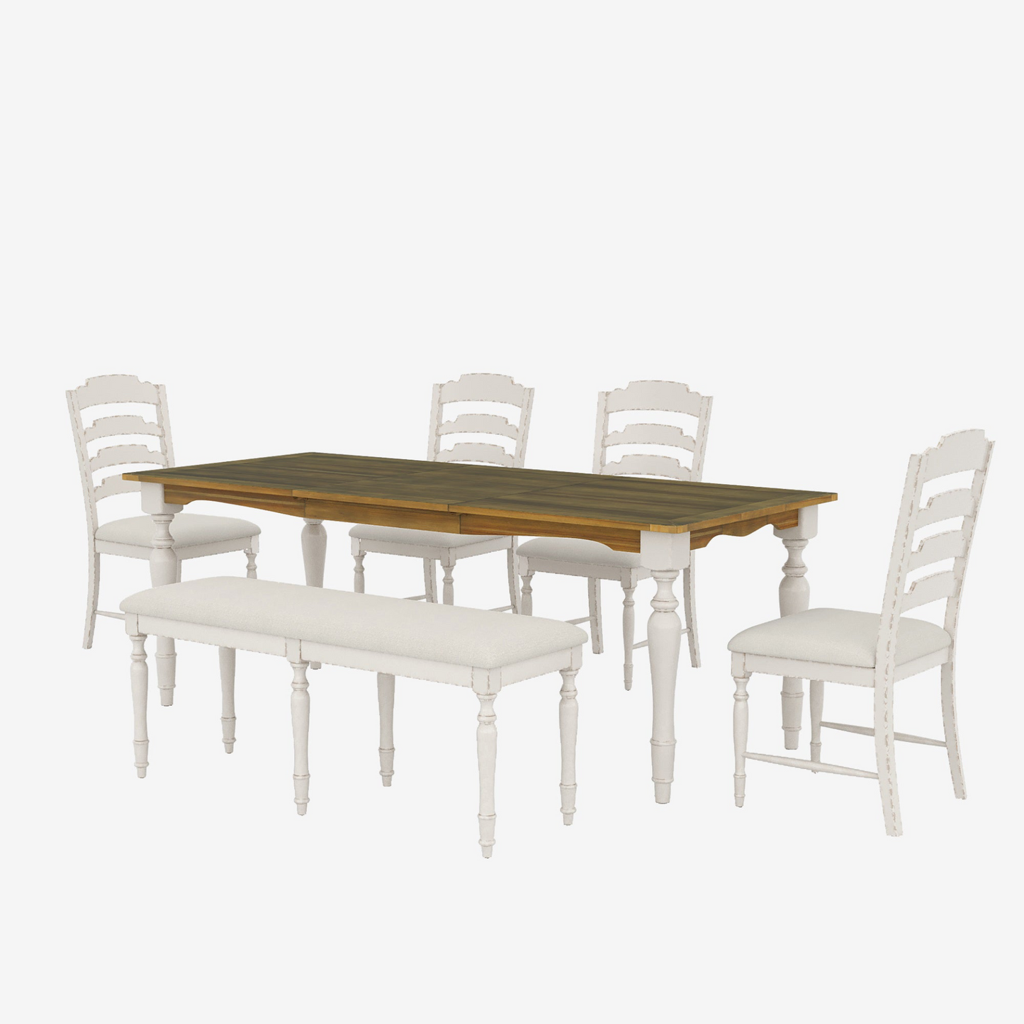 Vintage Traditional 6-Piece 82.7inch Extendable Dining Table Set with 23.6inch Removable Leaf, 50.4inch Upholstered Dining Bench and 4 Chairs for 6, Brown+Cream