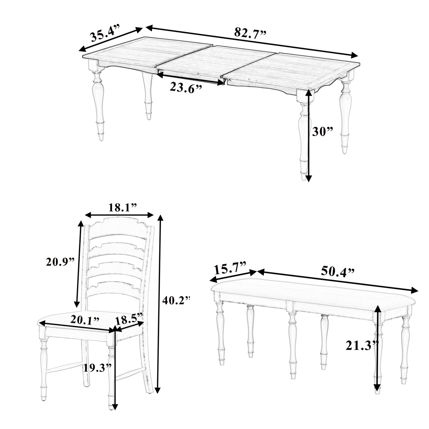 Vintage Traditional 6-Piece 82.7inch Extendable Dining Table Set with 23.6inch Removable Leaf, 50.4inch Upholstered Dining Bench and 4 Chairs for 6, Brown+Cream