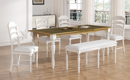 Vintage Traditional 6-Piece 82.7inch Extendable Dining Table Set with 23.6inch Removable Leaf, 50.4inch Upholstered Dining Bench and 4 Chairs for 6, Brown+Cream