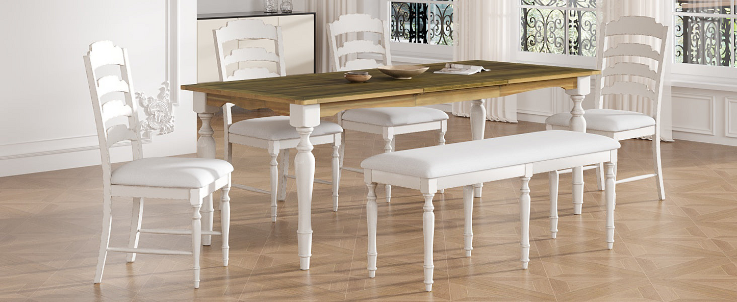 Vintage Traditional 6-Piece 82.7inch Extendable Dining Table Set with 23.6inch Removable Leaf, 50.4inch Upholstered Dining Bench and 4 Chairs for 6, Brown+Cream