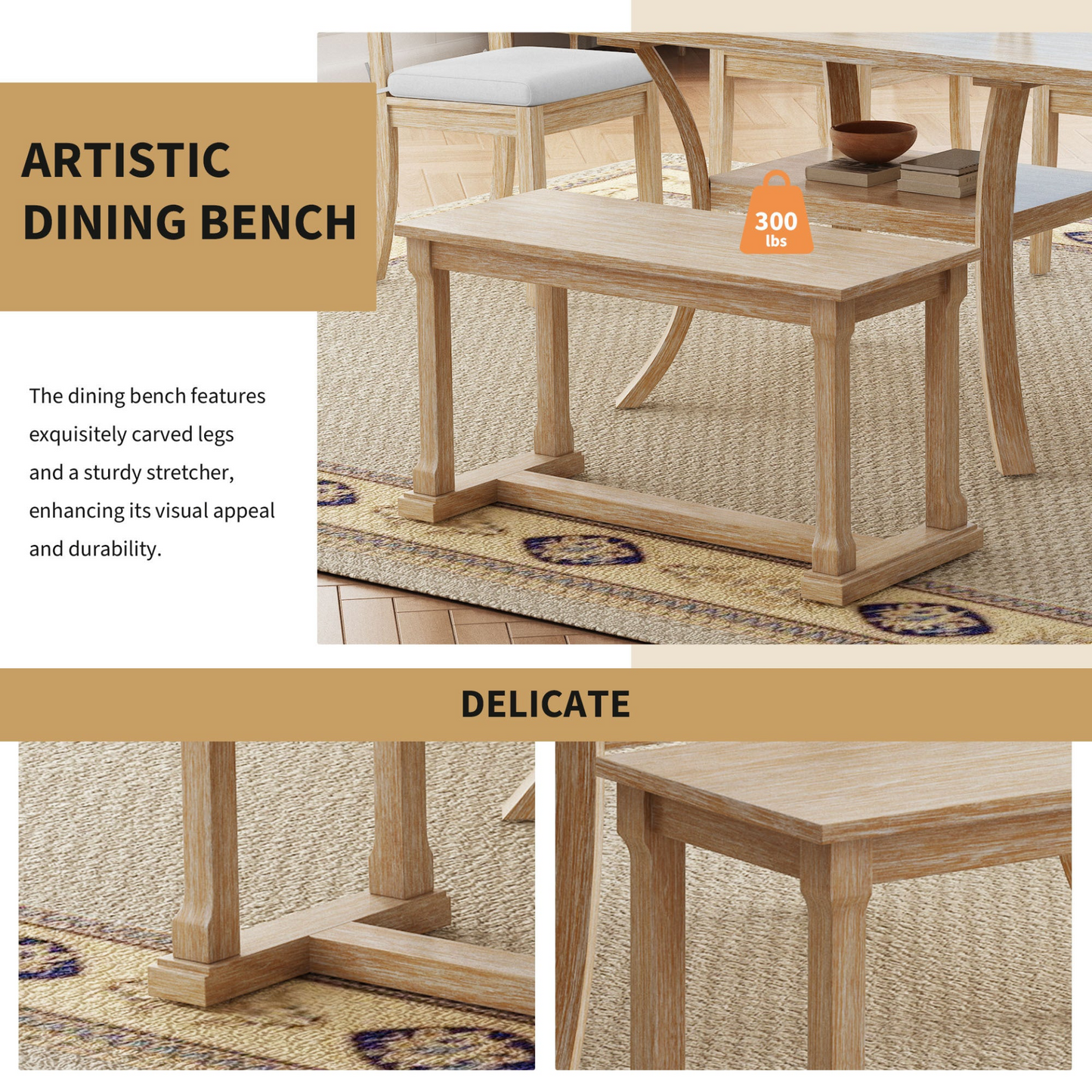 6-Piece Wood Dining Table Set with Storage Shelf and Curved Legs, Kitchen Table Set with Bench and 4 Removable Cushions Dining Chairs, Modern Style, Natural+Beige Cushion