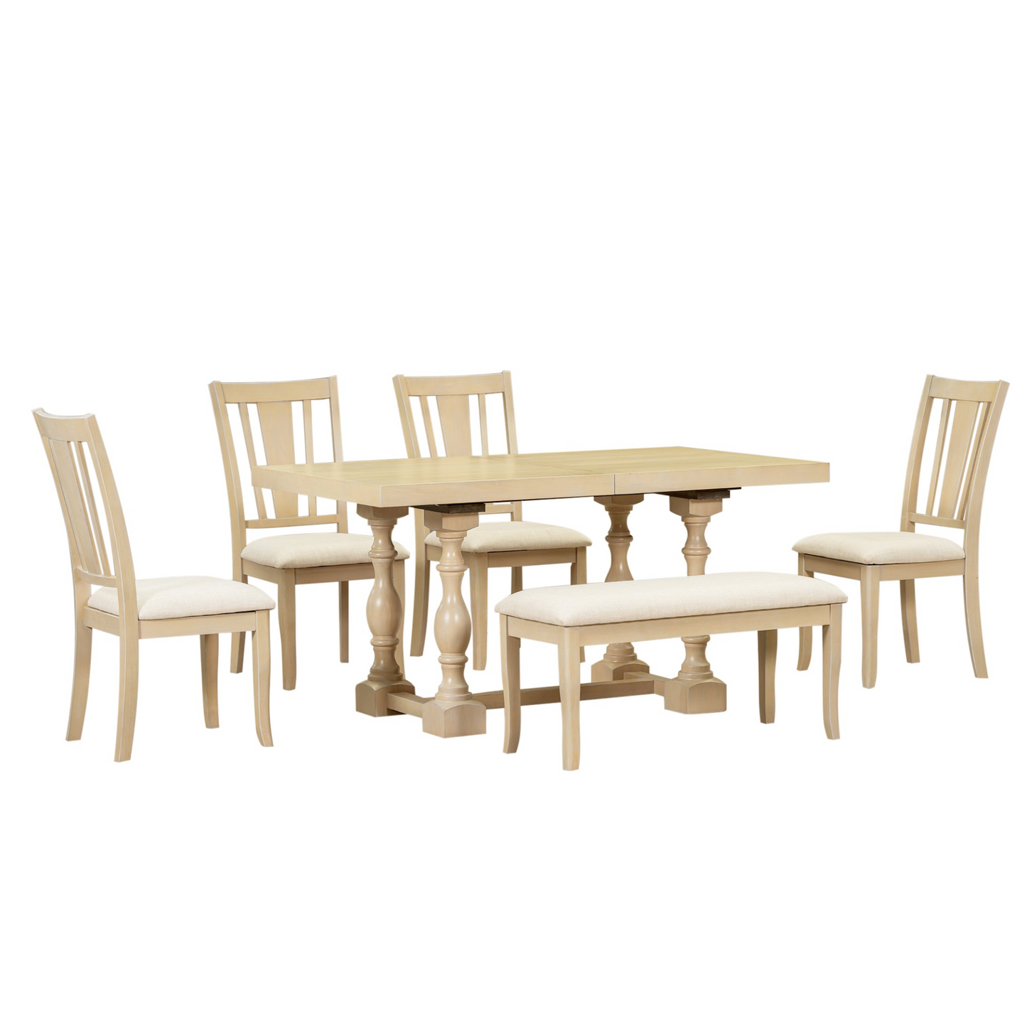 Traditional 6-Piece 78inch Trestle Extendable Dining Table Set with One 18inch Removable Leaf, Padded Dining Chairs and Bench,Natural