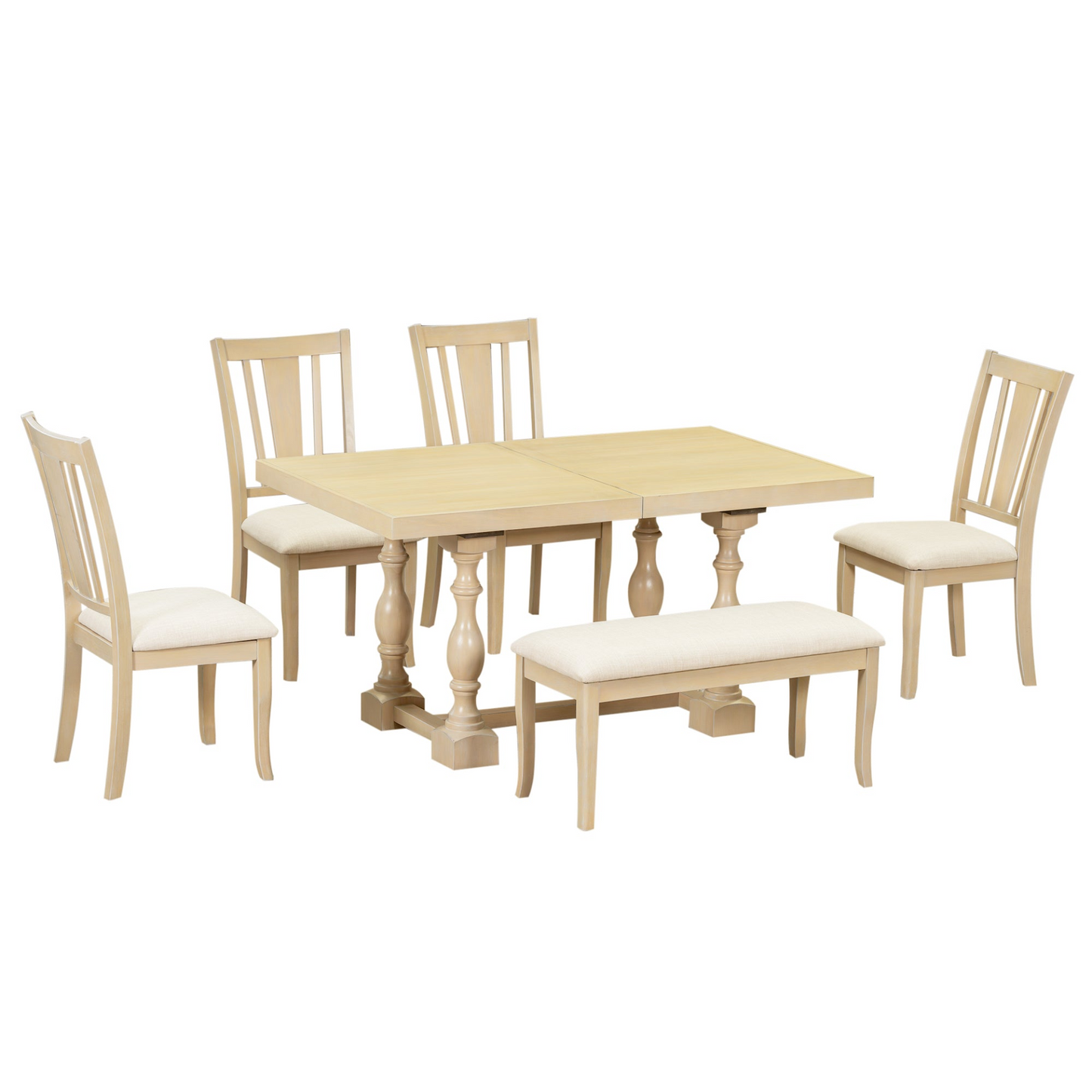 Traditional 6-Piece 78inch Trestle Extendable Dining Table Set with One 18inch Removable Leaf, Padded Dining Chairs and Bench,Natural