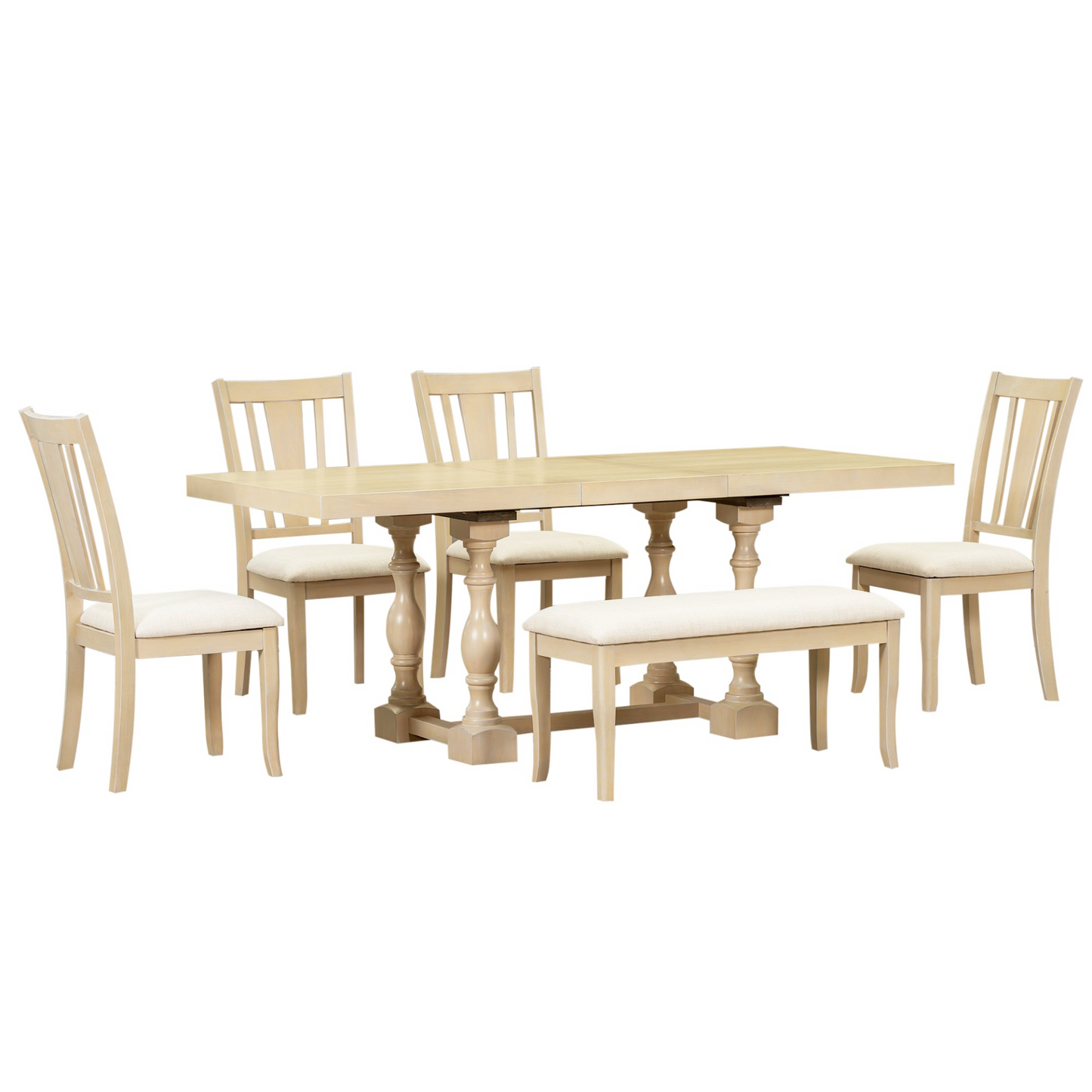 Traditional 6-Piece 78inch Trestle Extendable Dining Table Set with One 18inch Removable Leaf, Padded Dining Chairs and Bench,Natural