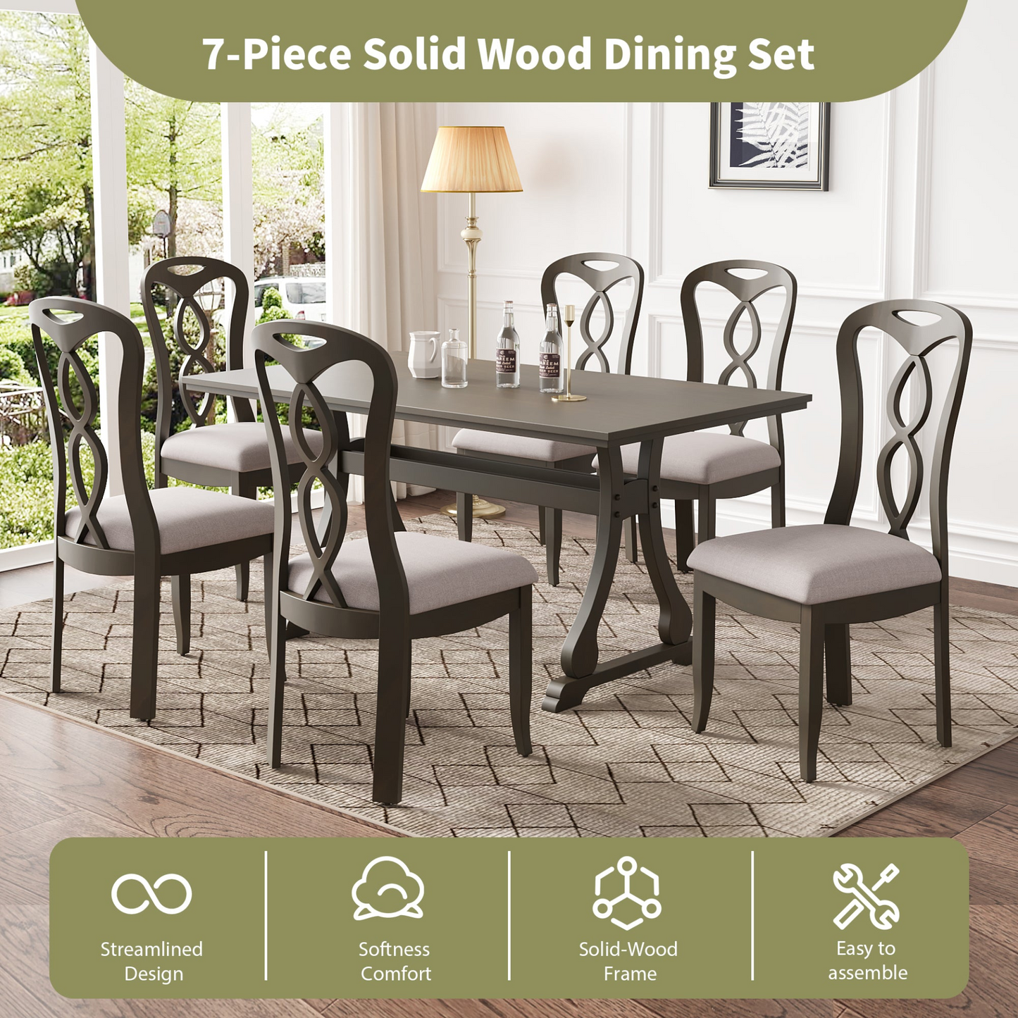 Retro 7-Piece Trestle Dining Table Set with Upholstered Dining Chairs, Smooth Dining Backs for Dining Room, Living Room, Kitchen, Gray