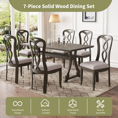 Retro 7-Piece Trestle Dining Table Set with Upholstered Dining Chairs, Smooth Dining Backs for Dining Room, Living Room, Kitchen, Gray