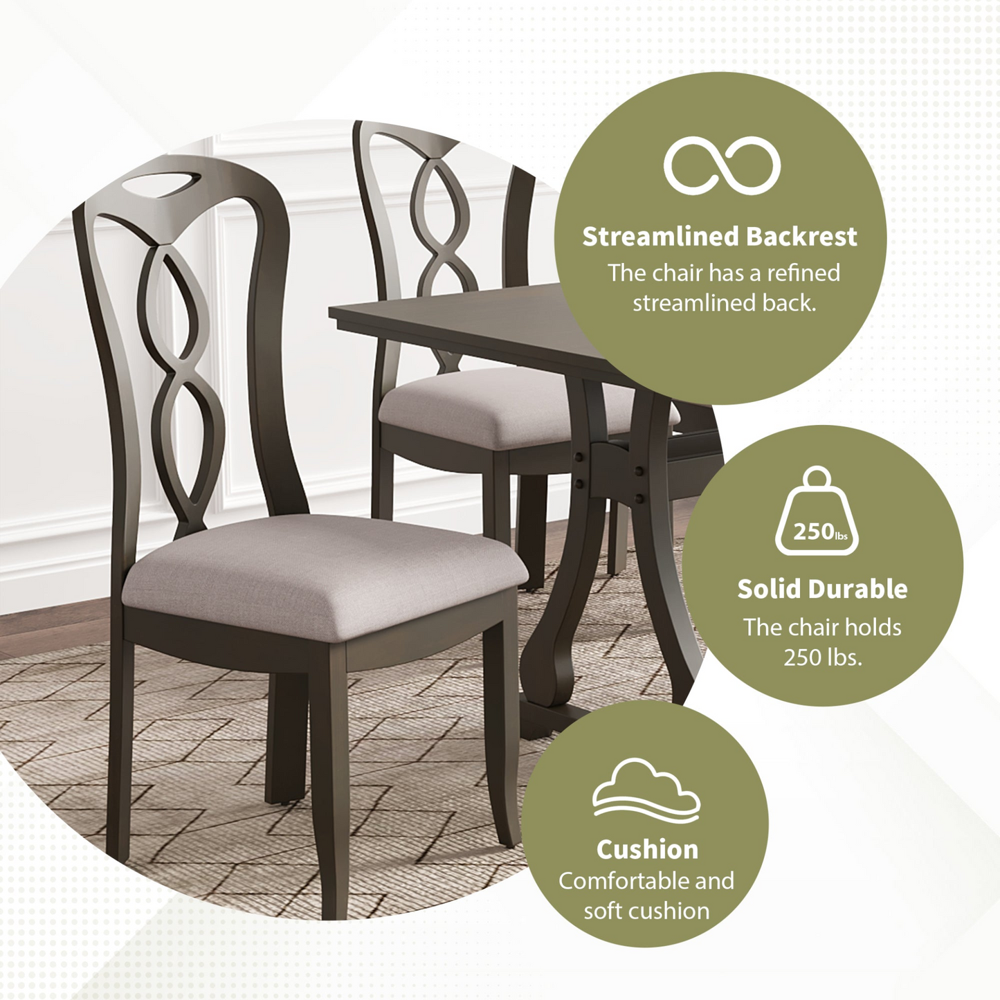 Retro 7-Piece Trestle Dining Table Set with Upholstered Dining Chairs, Smooth Dining Backs for Dining Room, Living Room, Kitchen, Gray