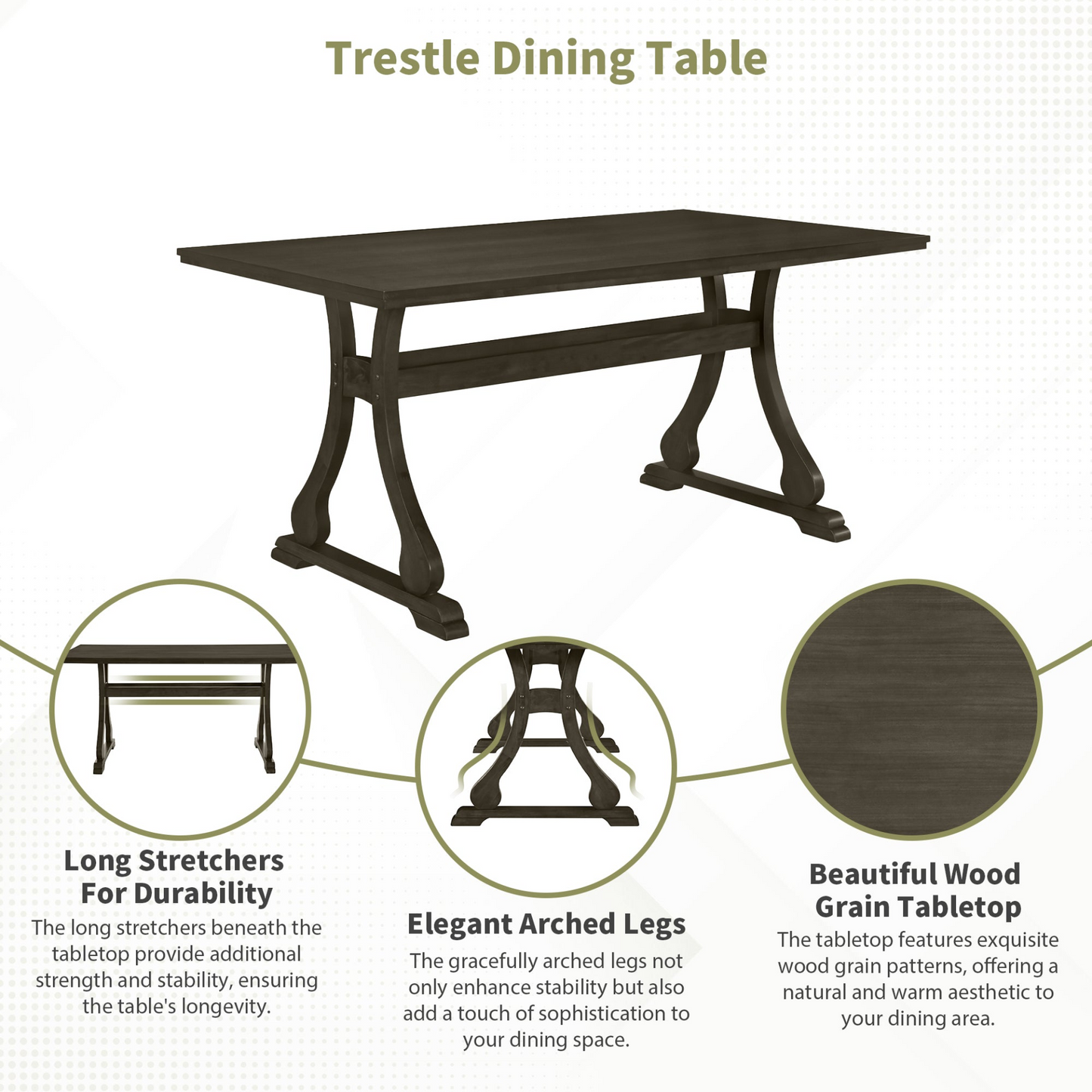 Retro 7-Piece Trestle Dining Table Set with Upholstered Dining Chairs, Smooth Dining Backs for Dining Room, Living Room, Kitchen, Gray