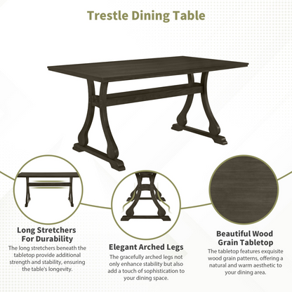 Retro 7-Piece Trestle Dining Table Set with Upholstered Dining Chairs, Smooth Dining Backs for Dining Room, Living Room, Kitchen, Gray