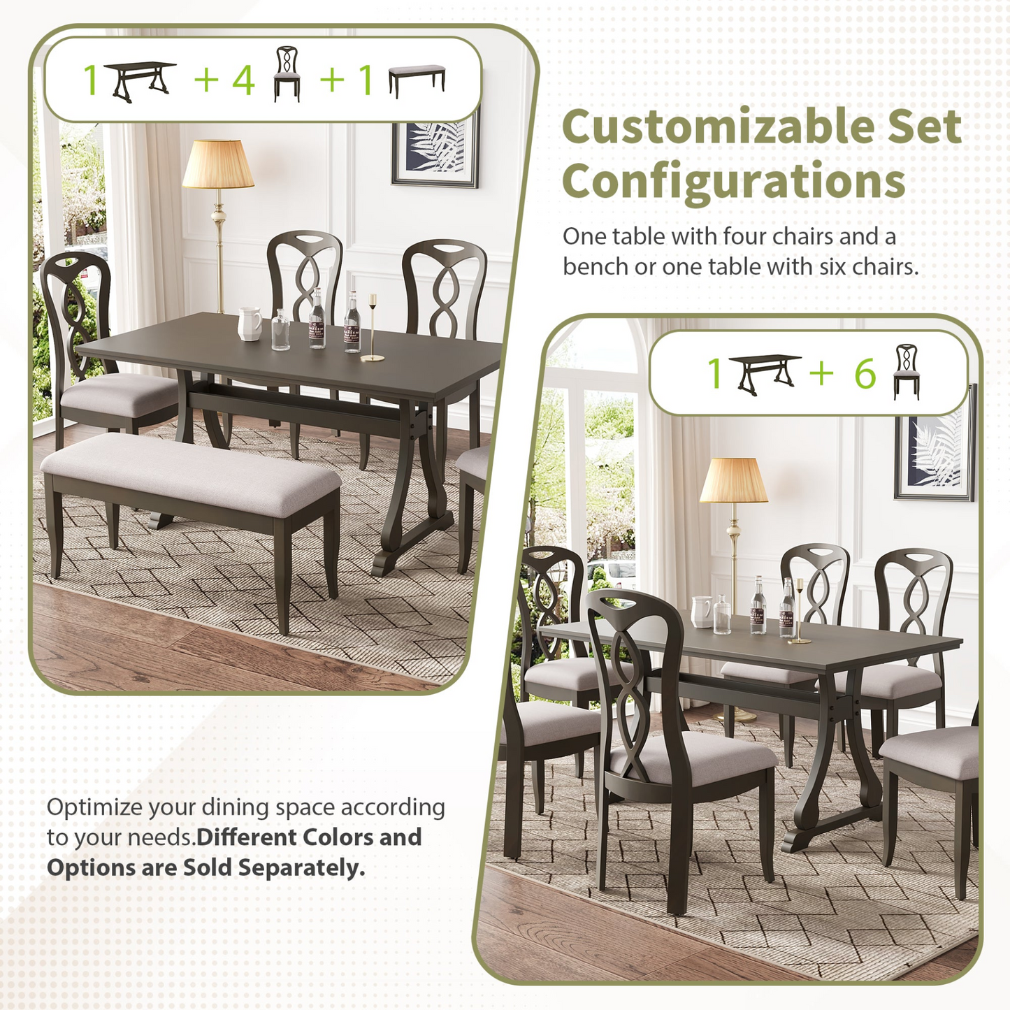 Retro 7-Piece Trestle Dining Table Set with Upholstered Dining Chairs, Smooth Dining Backs for Dining Room, Living Room, Kitchen, Gray