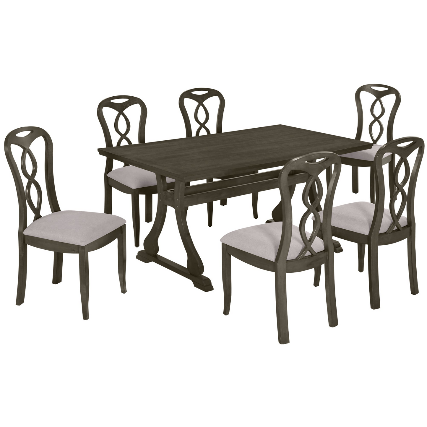 Retro 7-Piece Trestle Dining Table Set with Upholstered Dining Chairs, Smooth Dining Backs for Dining Room, Living Room, Kitchen, Gray