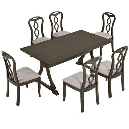 Retro 7-Piece Trestle Dining Table Set with Upholstered Dining Chairs, Smooth Dining Backs for Dining Room, Living Room, Kitchen, Gray