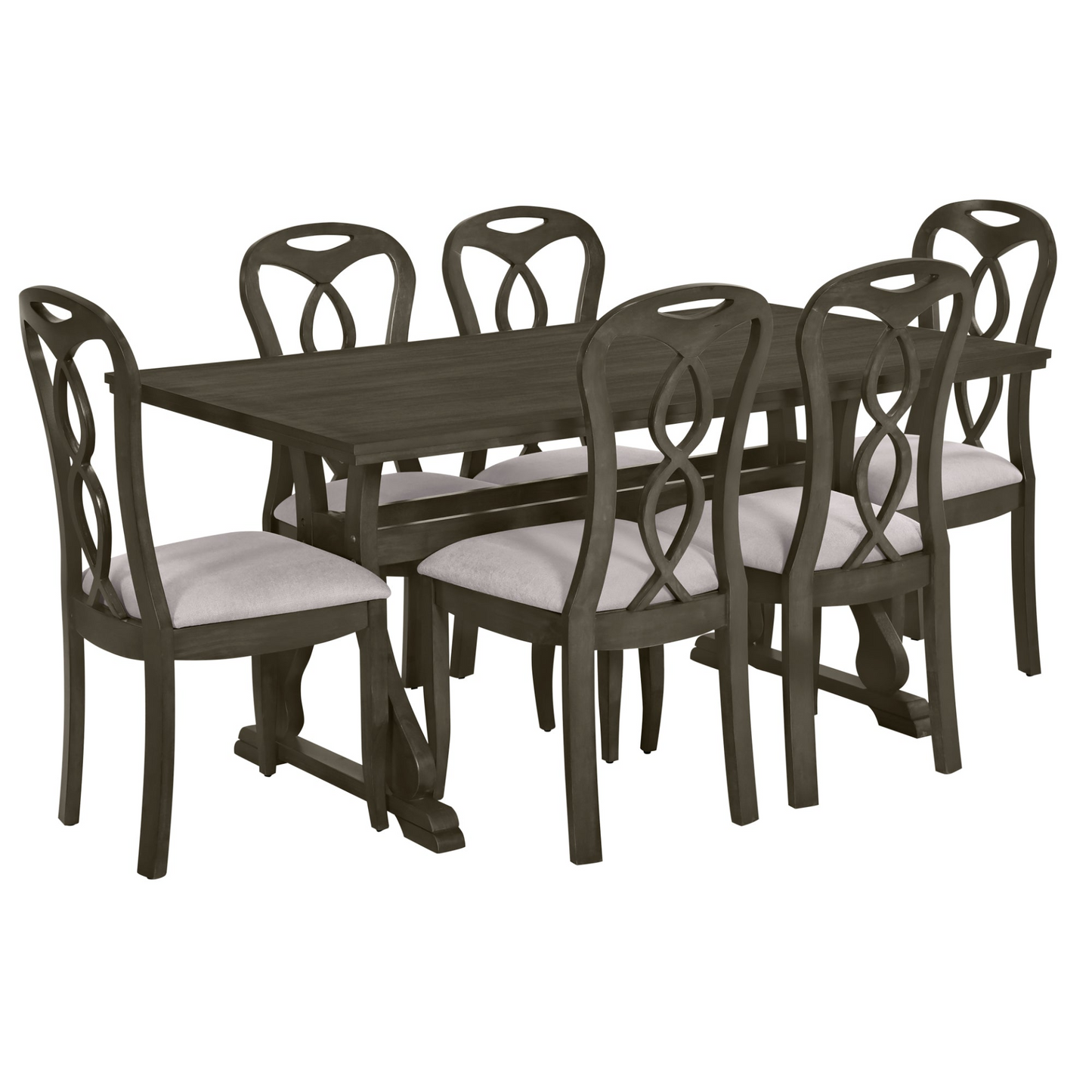 Retro 7-Piece Trestle Dining Table Set with Upholstered Dining Chairs, Smooth Dining Backs for Dining Room, Living Room, Kitchen, Gray