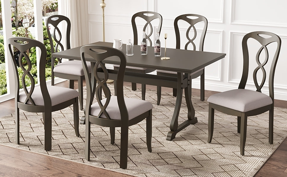 Retro 7-Piece Trestle Dining Table Set with Upholstered Dining Chairs, Smooth Dining Backs for Dining Room, Living Room, Kitchen, Gray