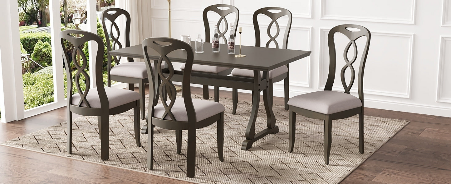 Retro 7-Piece Trestle Dining Table Set with Upholstered Dining Chairs, Smooth Dining Backs for Dining Room, Living Room, Kitchen, Gray